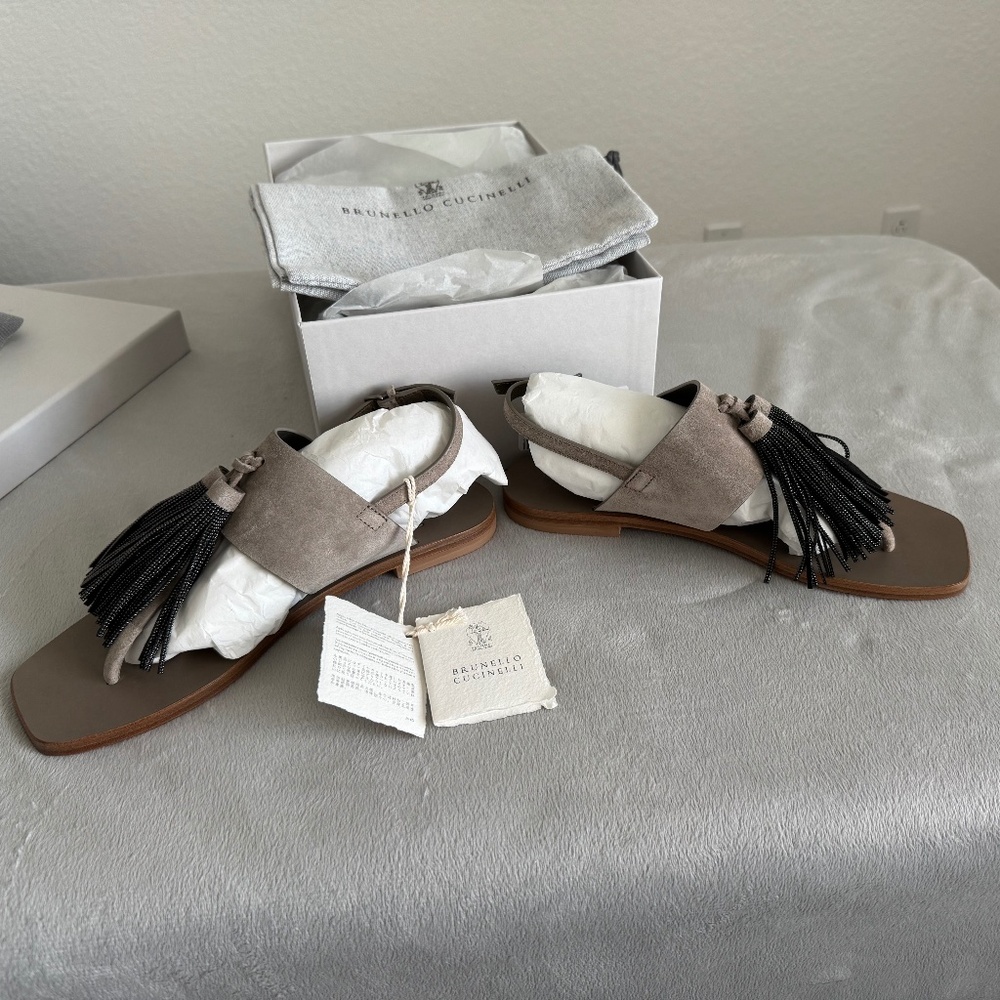 Brunello Cucinelli Suede Sandals with Precious Tassel - Picture 2 of 14